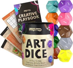 – 10 Colorful 12-Sided Art Dice with Prompt Words Plus Games, Challenges & Activities Booklet – 1” Wooden Blocks for Creative Inspiration – Roll to Go from Stuck to Unstoppable