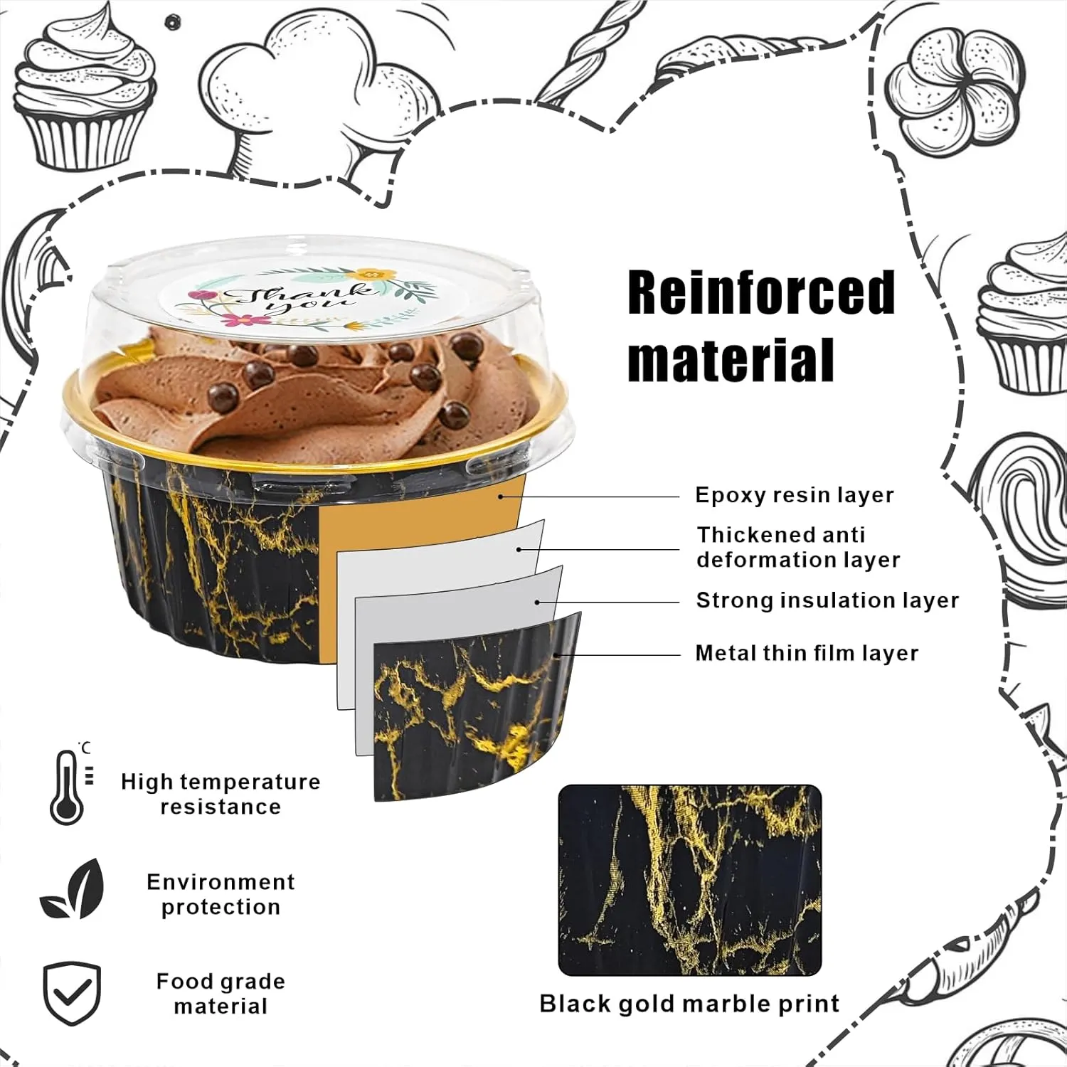 100 PCS Mini Cake Pans with Lids and 100 PCS Spoons,Aluminium Foil Baking Cups, 5 oz Disposable Baking Cups Foil Ramekins For Party Birthday Wedding Valentines (Black Gold Marble)