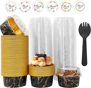 100 PCS Mini Cake Pans with Lids and 100 PCS Spoons,Aluminium Foil Baking Cups, 5 oz Disposable Baking Cups Foil Ramekins For Party Birthday Wedding Valentines (Black Gold Marble)