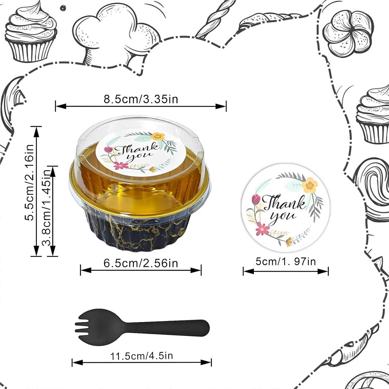 100 PCS Mini Cake Pans with Lids and 100 PCS Spoons,Aluminium Foil Baking Cups, 5 oz Disposable Baking Cups Foil Ramekins For Party Birthday Wedding Valentines (Black Gold Marble)
