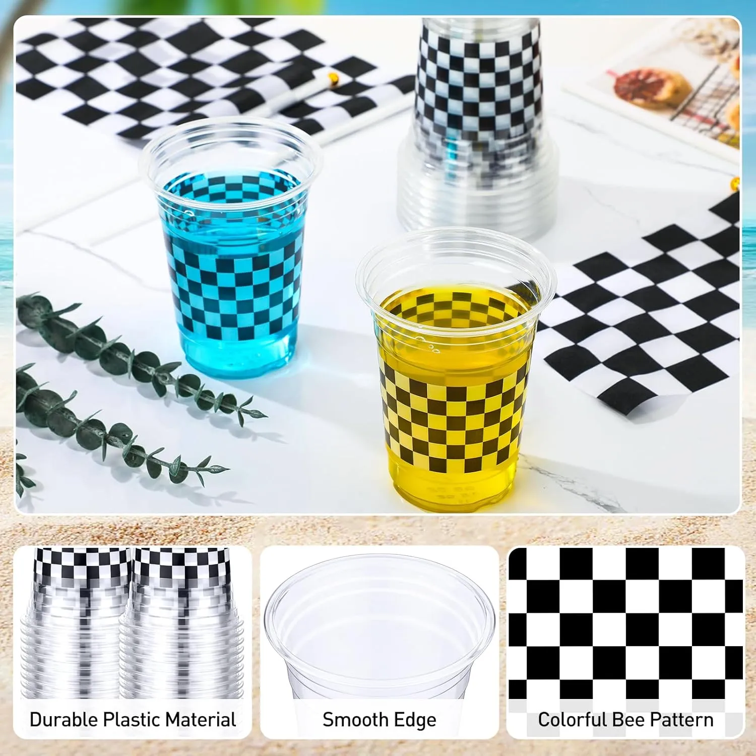 100 Pcs Racing Party Plastic Cups Bulk 16 oz Disposable Checkered Cups Black and White Plaid Race Car Checkered Flag Tumblers for Baby Shower Birthday Party Supplies Decorations Favors