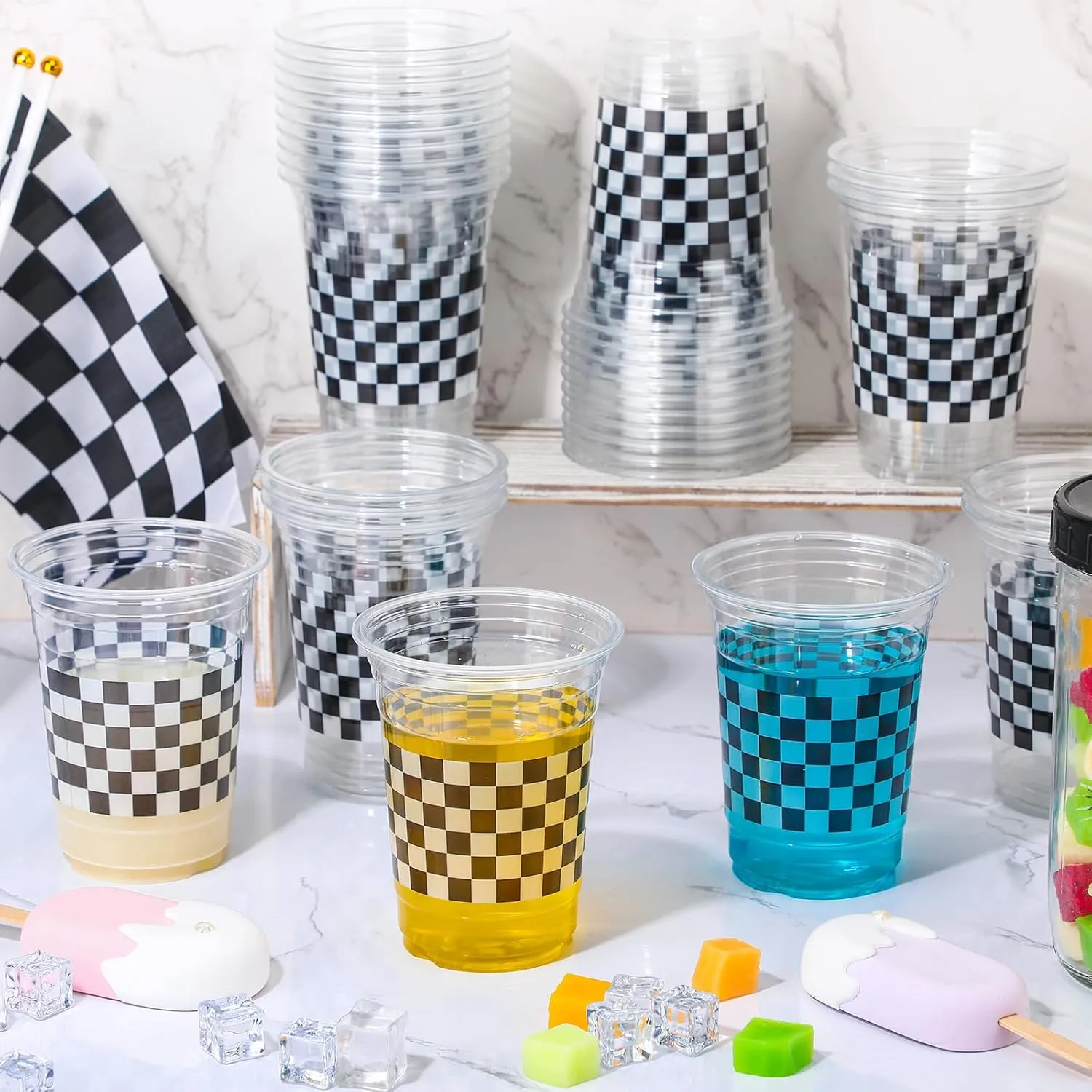 100 Pcs Racing Party Plastic Cups Bulk 16 oz Disposable Checkered Cups Black and White Plaid Race Car Checkered Flag Tumblers for Baby Shower Birthday Party Supplies Decorations Favors