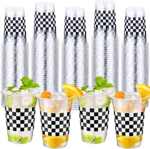 100 Pcs Racing Party Plastic Cups Bulk 16 oz Disposable Checkered Cups Black and White Plaid Race Car Checkered Flag Tumblers for Baby Shower Birthday Party Supplies Decorations Favors