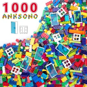 1000 Pieces Building Bricks, Classic Building Bulk Block for Kids with 12pcs Wheels Accessories, Windows, Doors, 2 Packs Studs Sticky Plate, Compatible with All Major Brands, Gfits for Kids