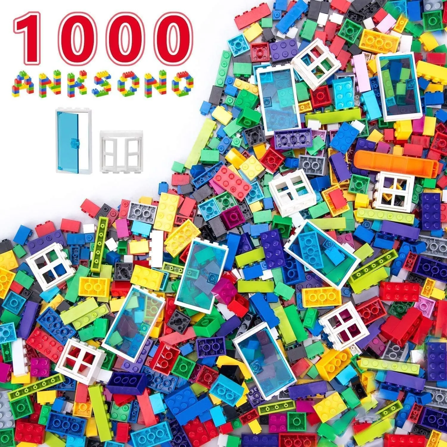 1000 Pieces Building Bricks, Classic Building Bulk Block for Kids with 12pcs Wheels Accessories, Windows, Doors, 2 Packs Studs Sticky Plate, Compatible with All Major Brands, Gfits for Kids
