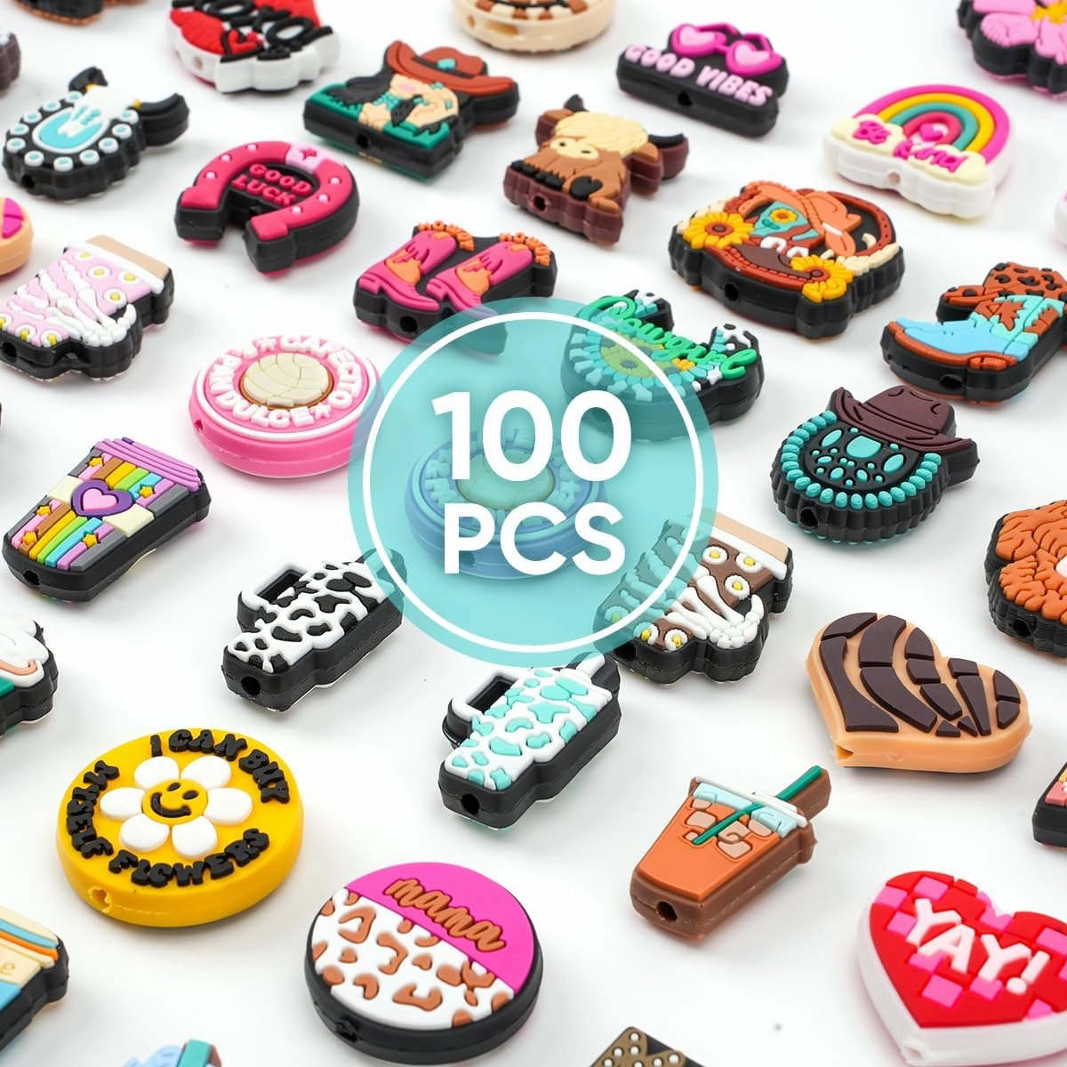 100Pcs Silicone Focal Beads Bulk, Random Pattern Focal Beads for Pens Keychain Bracelet Lanyard Making DIY Your Holiday Gift