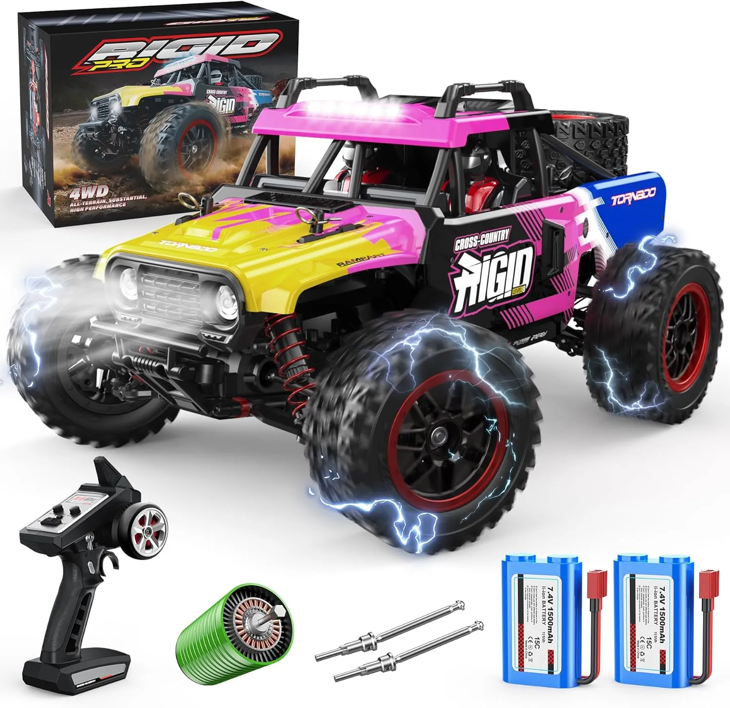 1/14 Brushless RC Car for Adults, Fast Off-Road Truck Max 36mph 4x4 with 2 Lipo Batteries, High Speed Remote Control Car with 35A Waterproof ESC, All Terrain Off-Road Truck, Pink