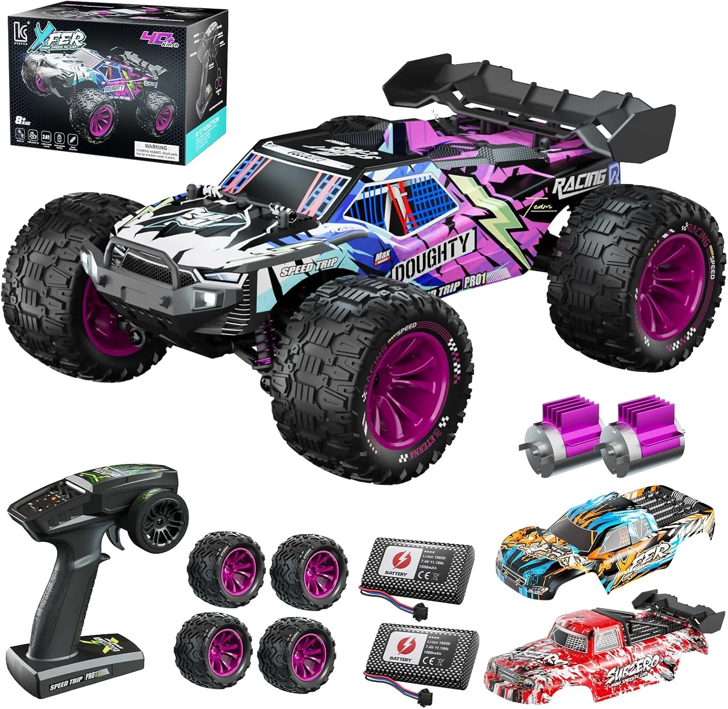 1:16 Scale Fast RC Truck, 4WD RTR RC Off-Road Car, High Speed 40 Km/h, 2.4 GHz All Terrain Racing Car with 3 Shells & 2 1500mAh Li-ion Rechargeable Batteries for Boys and Adults