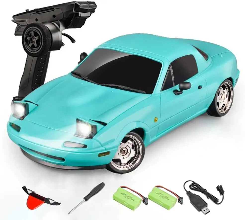 1/18 Scale RC Car, 2.4 GHz Proportional Control RWD RC Drift Car with LED Lights & Gyroscope, Durable Design for Adults On-Road Racing (RTR / 2 Battery)