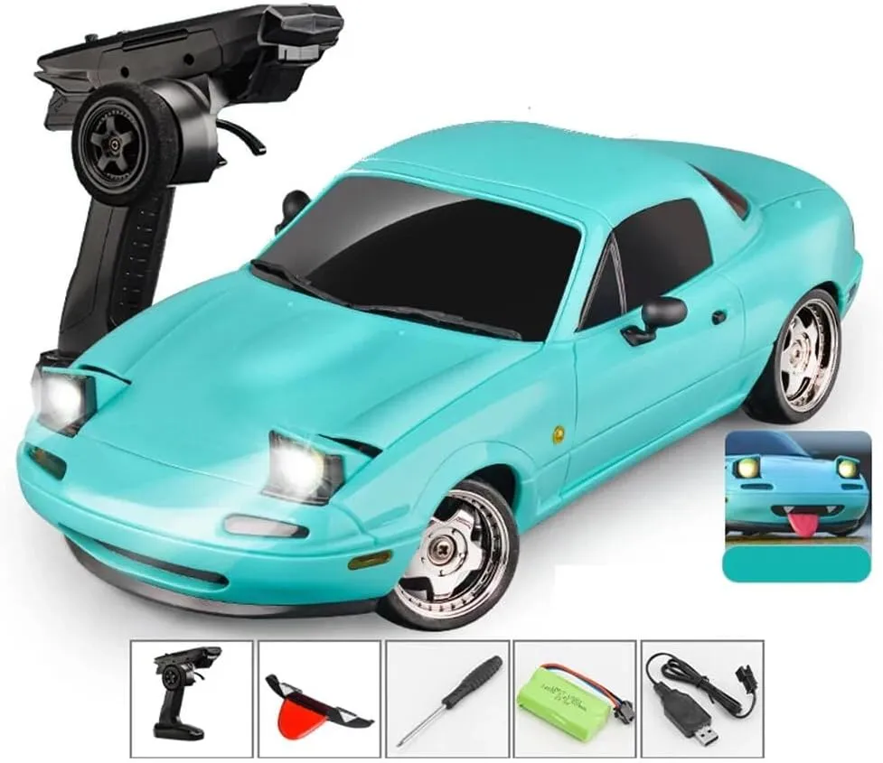 1/18 Scale RC Car, 2.4 GHz Proportional Control RWD RC Drift Car with LED Lights & Gyroscope, Durable Design for Adults On-Road Racing (RTR / 2 Battery)