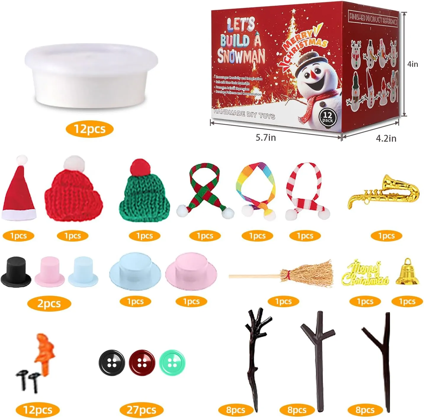 12-Pack Christmas Crafts Snowman Sets for Kids, Modeling Clay Snowman DIY Kit,Christmas Stocking Stuffers for Kids, Perfect for Winter Children's Holiday Party Decoration Gifts