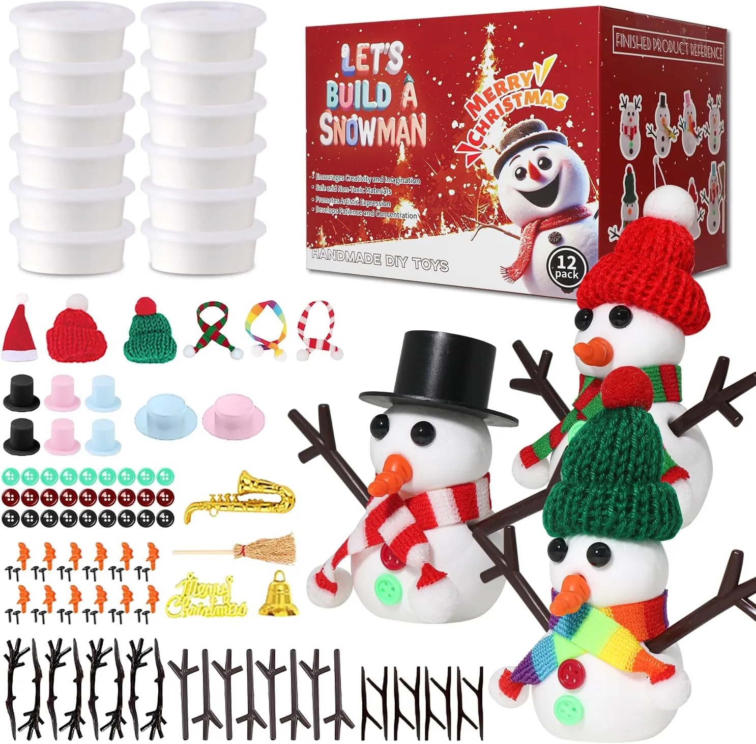 12-Pack Christmas Crafts Snowman Sets for Kids, Modeling Clay Snowman DIY Kit,Christmas Stocking Stuffers for Kids, Perfect for Winter Children's Holiday Party Decoration Gifts