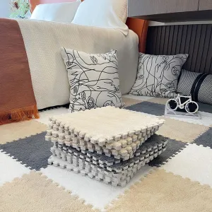 12 Pcs Fluffy Puzzle Interlocking Carpet Tiles, Square Foam Area Rugs Set,Plush Play Mat,Foam Floor Tiles for Bedroom(Size:0.23 Inch,Color:White Apricot Gray)