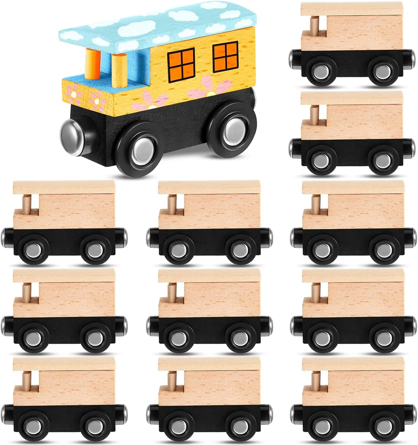12 Pcs Magnetic Wooden Trains Unpainted Train Cars Unfinished Train Party Decorations for Operation Christmas Birthday Party Themed Crafts Supplies(Classic)