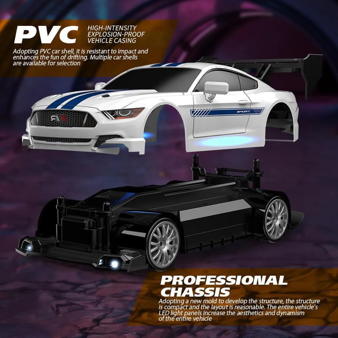 1/24 Scale Mini RC Drift Car, 4WD High-Speed 30KM/H 2.4GHz Electric Remote Control Racing Sports Cars with LED Lights Vehicle for Adults Enthusiasts - Blue/ 3PCS Battery