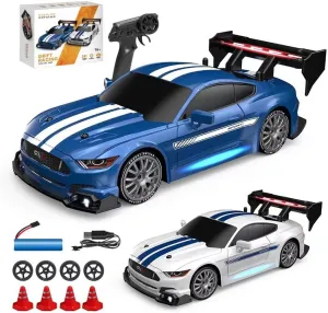 1/24 Scale Mini RC Drift Car, 4WD High-Speed 30KM/H 2.4GHz Electric Remote Control Racing Sports Cars with LED Lights Vehicle for Adults Enthusiasts - Blue/ 3PCS Battery