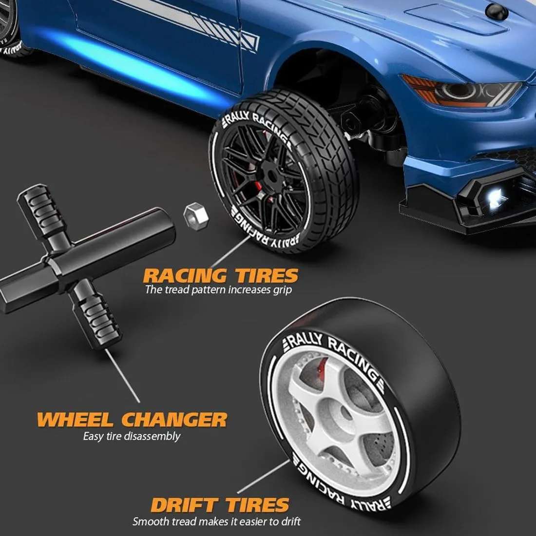1/24 Scale Mini RC Drift Car, 4WD High-Speed 30KM/H 2.4GHz Electric Remote Control Racing Sports Cars with LED Lights Vehicle for Adults Enthusiasts - Blue/ 3PCS Battery