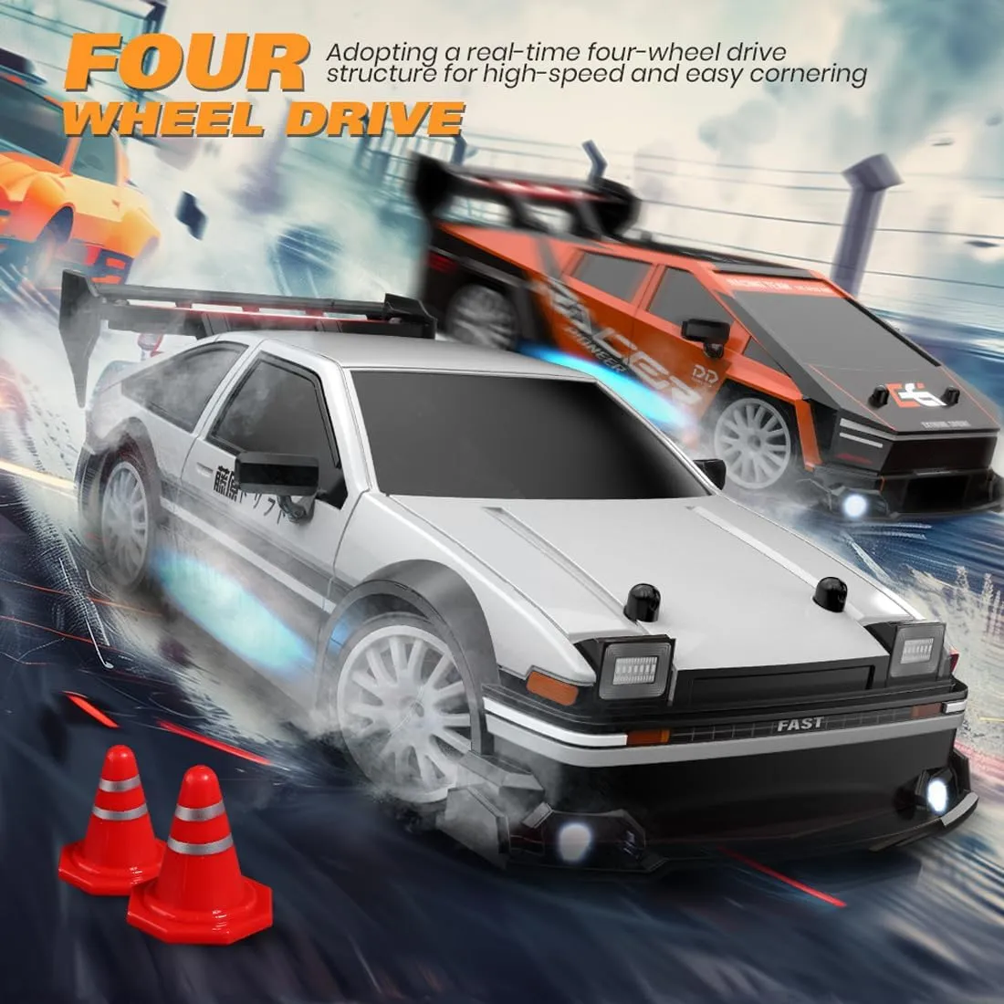 1/24 Scale Mini RC Drift Car, 4WD High-Speed 30KM/H 2.4GHz Electric Remote Control Racing Sports Cars with LED Lights Vehicle for Adults Enthusiasts - Blue/ 3PCS Battery