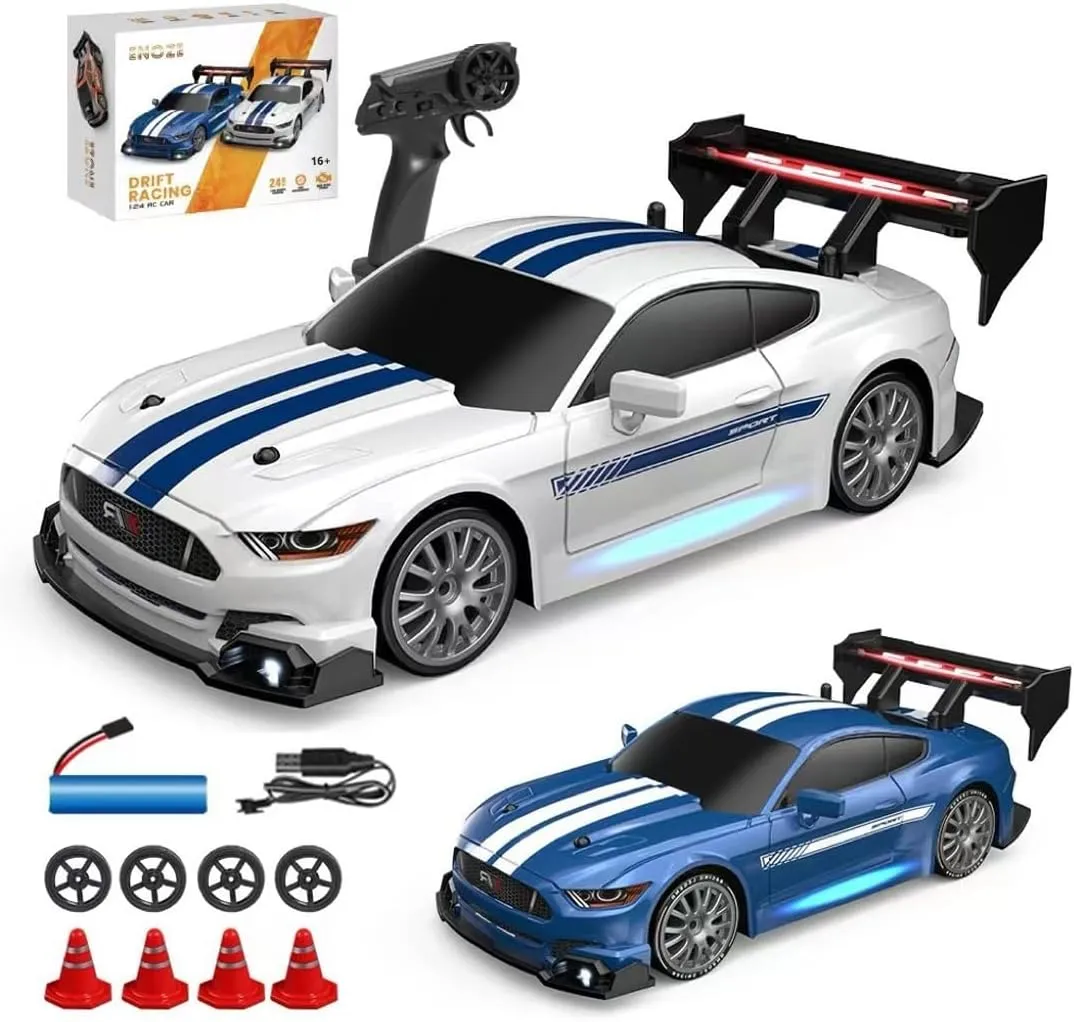 1/24 Scale Mini RC Drift Car, 4WD High-Speed 30KM/H 2.4GHz Electric Remote Control Racing Sports Cars with LED Lights Vehicle for Adults Enthusiasts - White/ 2PCS Battery