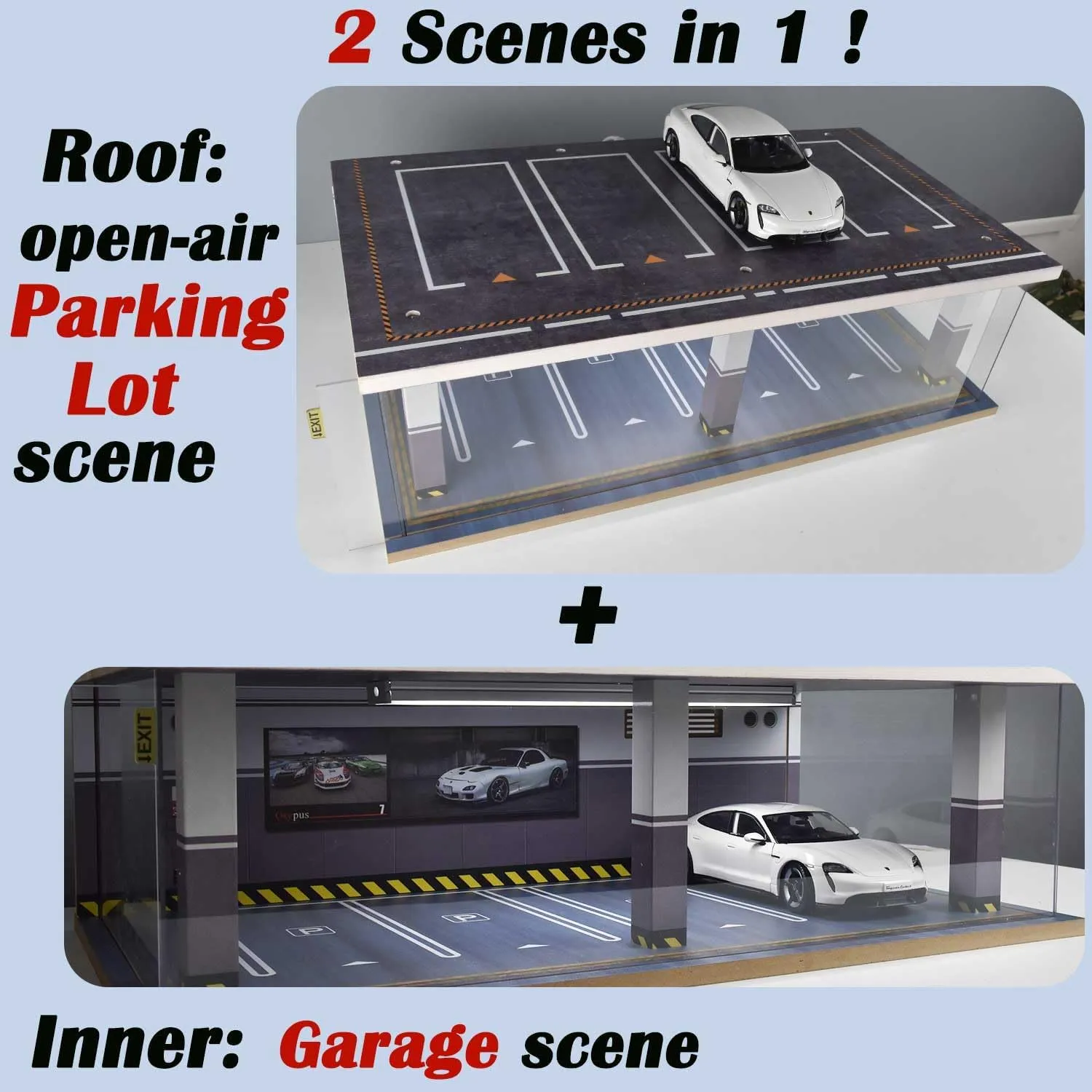 1/24 Scale Model Car Display Case with Light, 1 24 Diecast Cars Storage Cases in Parking Lot Scene, Acrylic Toy Garage for Alloy Car Models (Grey-8 Parking Place) (Grey, 1/24)