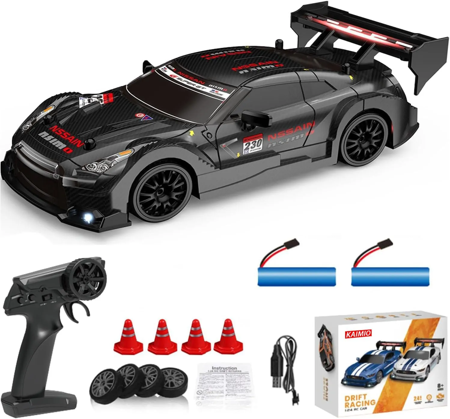 1:24 Scale RC Drift Car 4WD 2.4GHz 30KM/H High Speed Racing Sport Toy Car with LED Lights, Racing and Drift Wheels (8601-Black)