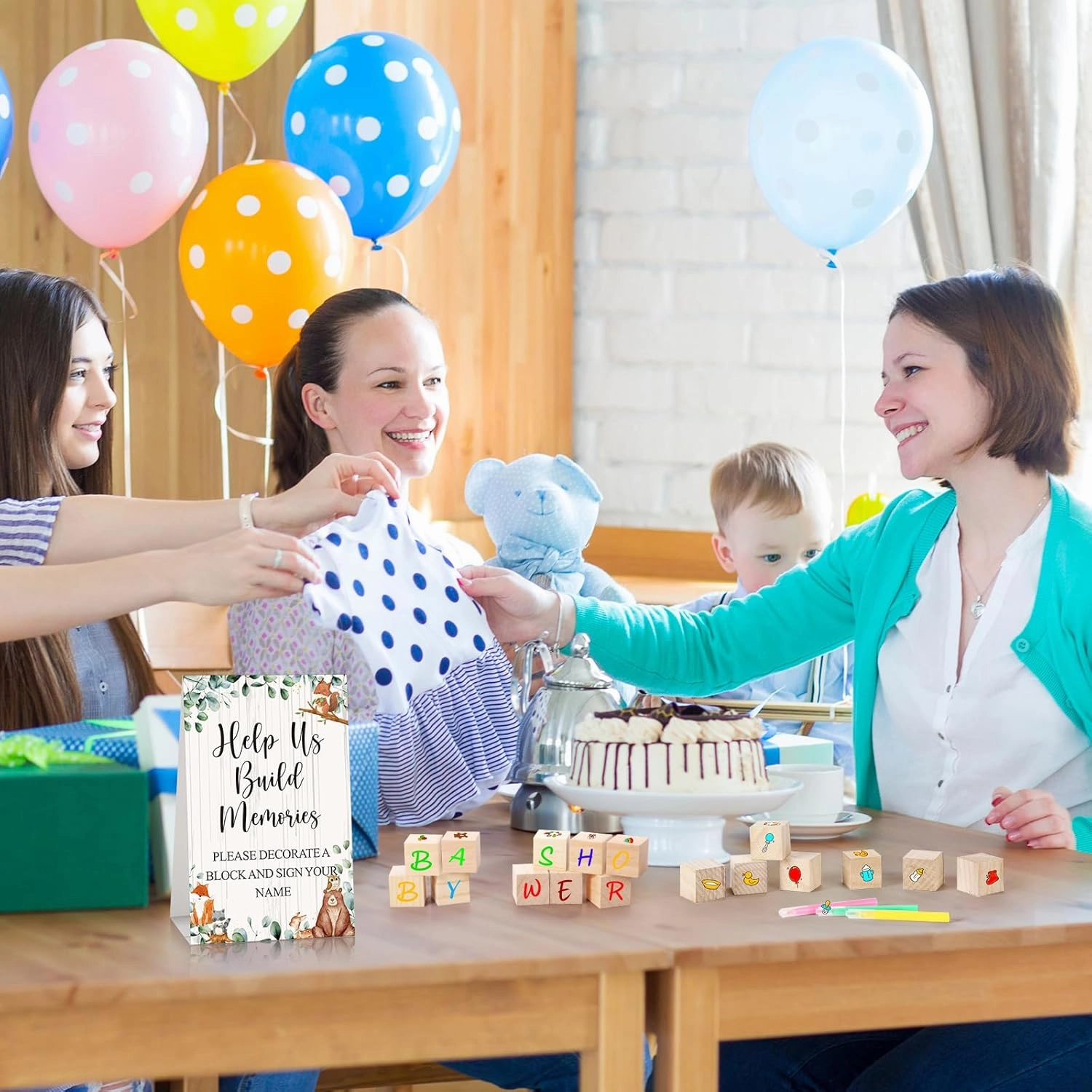 125 Pcs Baby Shower Decorate a Block Game Set Includes Help Us Build Memories Sign 100 DIY Blank Wooden Block 24 Paint Marker Prize for Wedding Baby Shower Game(Forest Animal)