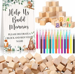 125 Pcs Baby Shower Decorate a Block Game Set Includes Help Us Build Memories Sign 100 DIY Blank Wooden Block 24 Paint Marker Prize for Wedding Baby Shower Game(Forest Animal)
