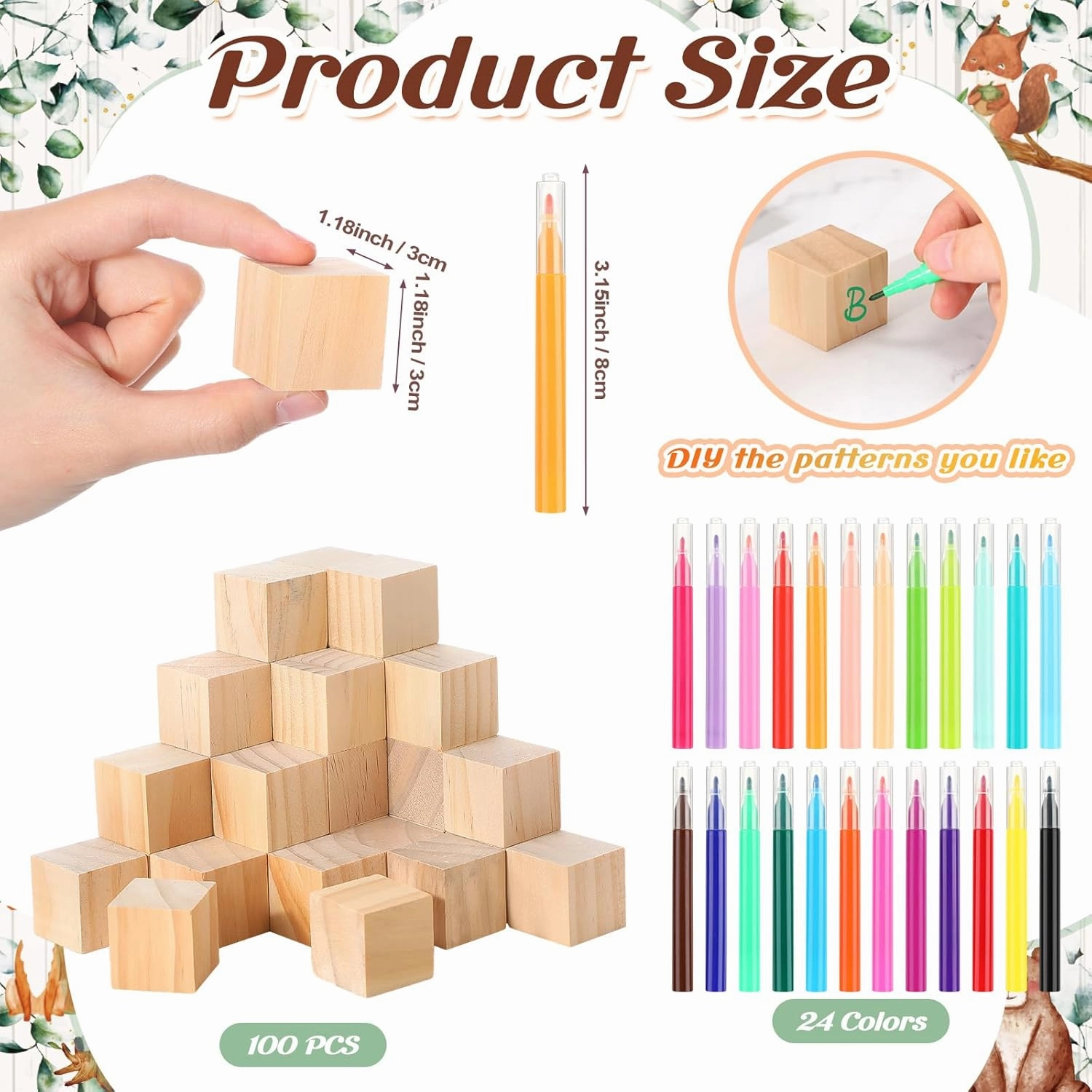 125 Pcs Baby Shower Decorate a Block Game Set Includes Help Us Build Memories Sign 100 DIY Blank Wooden Block 24 Paint Marker Prize for Wedding Baby Shower Game(Forest Animal)