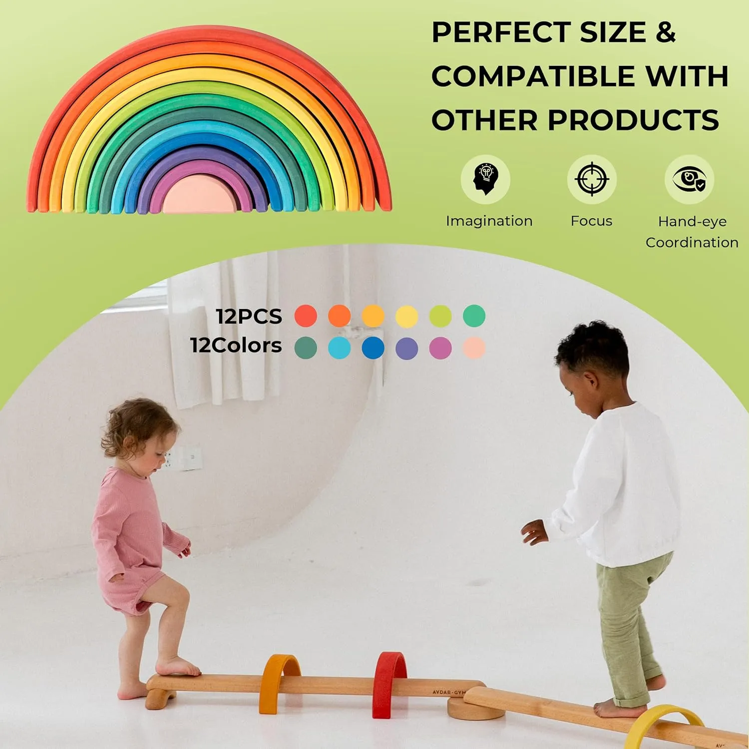 12Pcs Wooden Rainbow Stacker Toy, Extra Large Wooden Stacking Toy, Montessori Nesting Puzzle for Kids