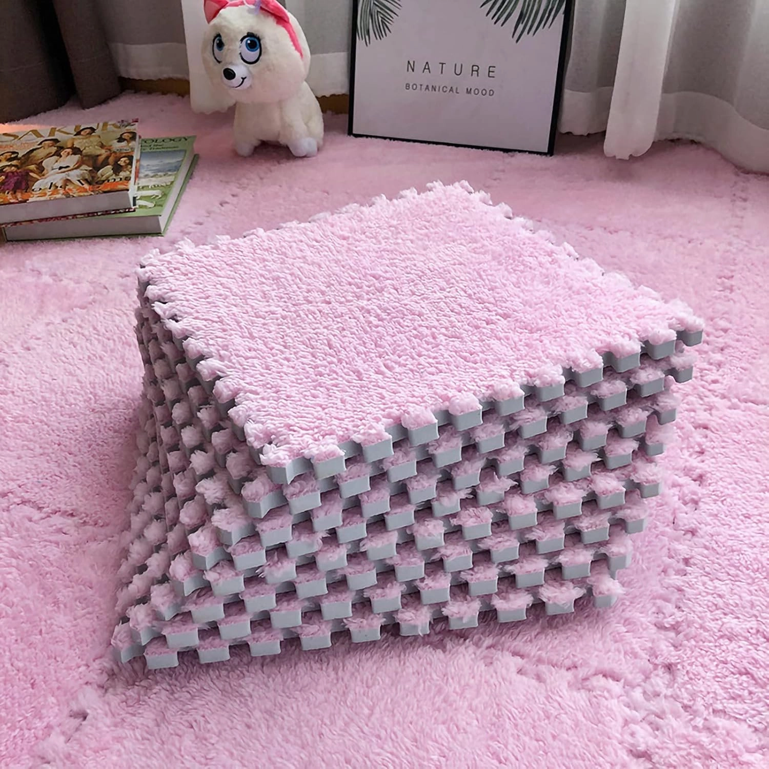 12pcs Tiled Puzzle Play Mats Interlocking Shaggy Soft EVA Foam Mats Protective Floor for Children Kids Room Home Parlor Bedroom(Pink)