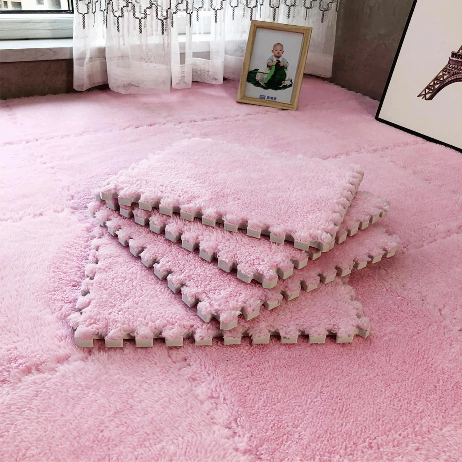 12pcs Tiled Puzzle Play Mats Interlocking Shaggy Soft EVA Foam Mats Protective Floor for Children Kids Room Home Parlor Bedroom(Pink)