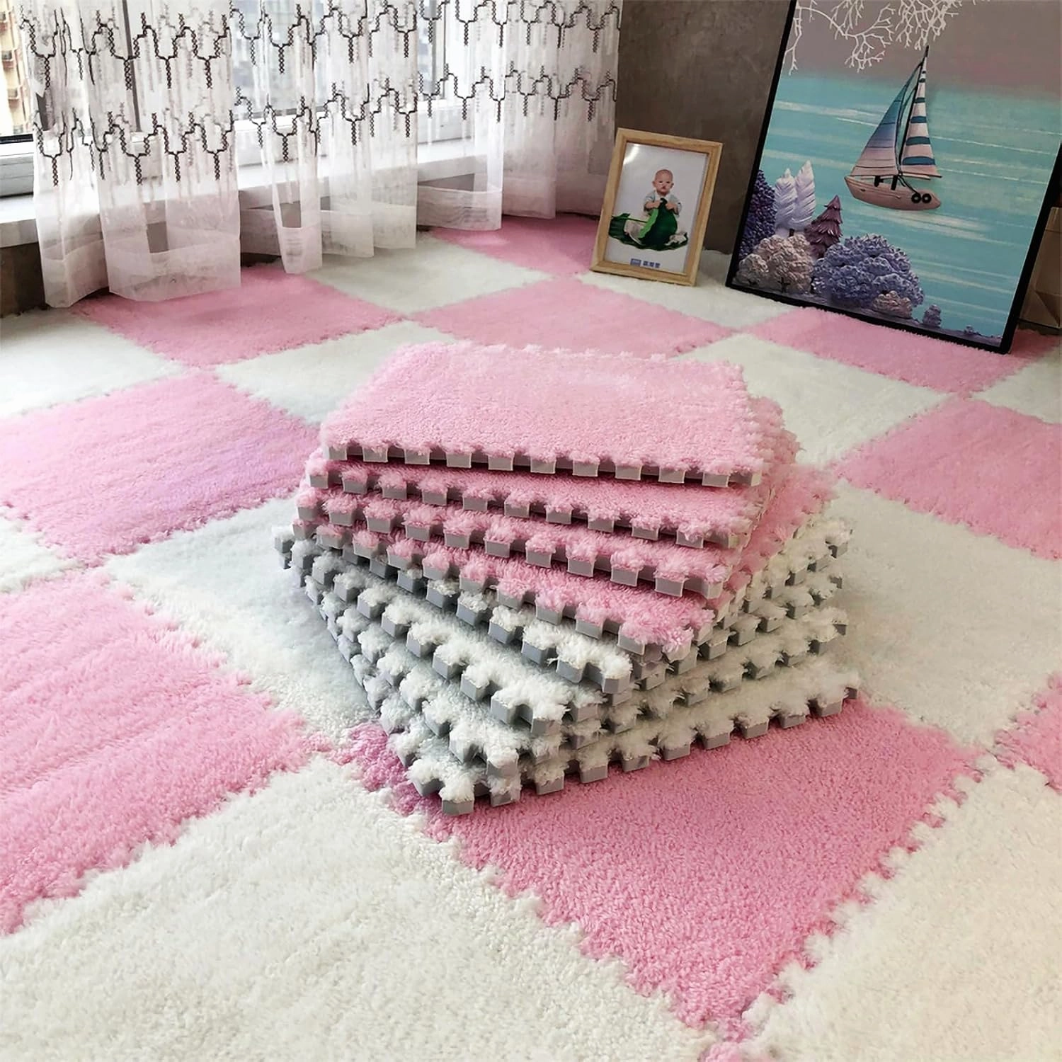 12pcs Tiled Puzzle Play Mats Interlocking Shaggy Soft EVA Foam Mats Protective Floor for Children Kids Room Home Parlor Bedroom(Pink)
