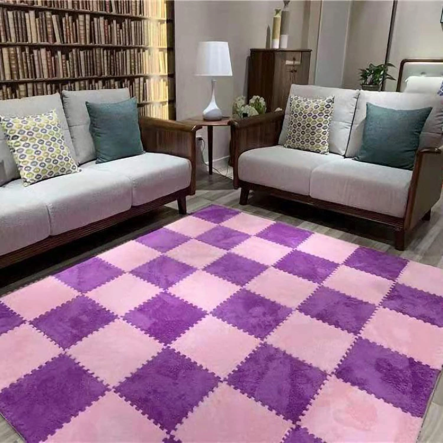 12pcs Tiled Puzzle Play Mats Interlocking Shaggy Soft EVA Foam Mats Protective Floor for Children Kids Room Home Parlor Bedroom(Pink)