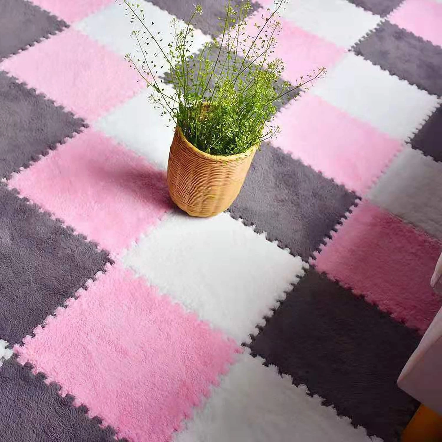 12pcs Tiled Puzzle Play Mats Interlocking Shaggy Soft EVA Foam Mats Protective Floor for Children Kids Room Home Parlor Bedroom(Pink)