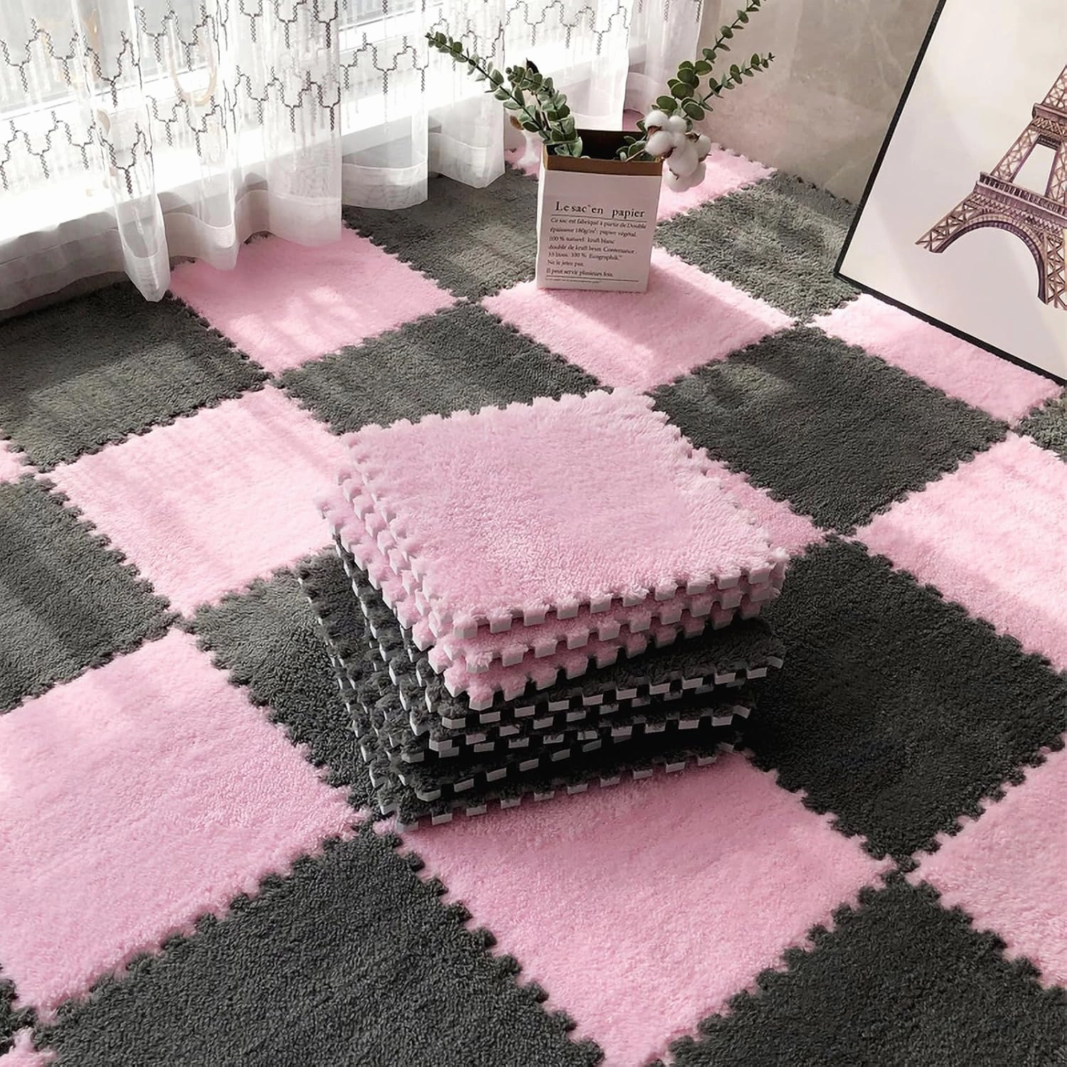 12pcs Tiled Puzzle Play Mats Interlocking Shaggy Soft EVA Foam Mats Protective Floor for Children Kids Room Home Parlor Bedroom(Pink)