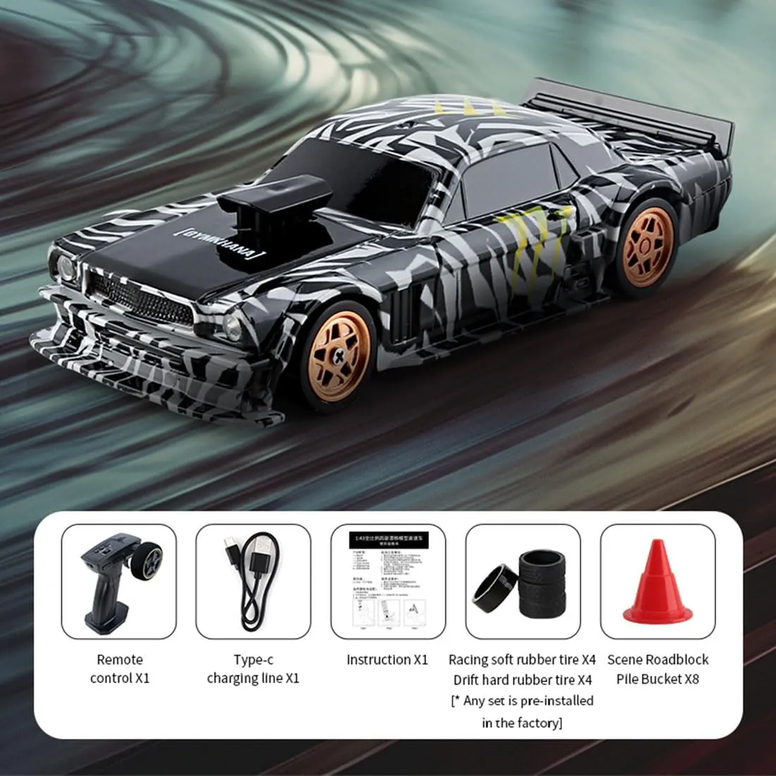 1/43 RC Drift Car with Gyro, Mini Electric Racing Drift Car Model, 2.4G, Full-Proportional, RTR, 4WD, LED Lights, 15km/h Max Speed for Adults and Teens