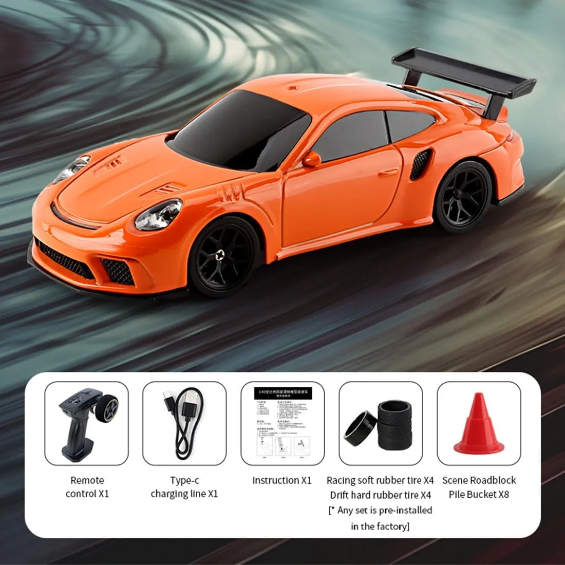 1/43 Scale Mini Racing Drift RC Car with Lights, 2.4G Electric 4WD High-Speed Remote Control Sports Car, Full Proportional Vehicle for Boys Adults Teen - RTR Version/Orange