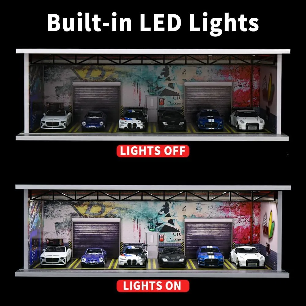 1/64 Scale Hot die-cast Wheels Model car scenarios Display case with LED Light and Acrylic Cover, Scenes Parking lot Diorama Storage Garage Box with 6 Parking Spaces (JDM)