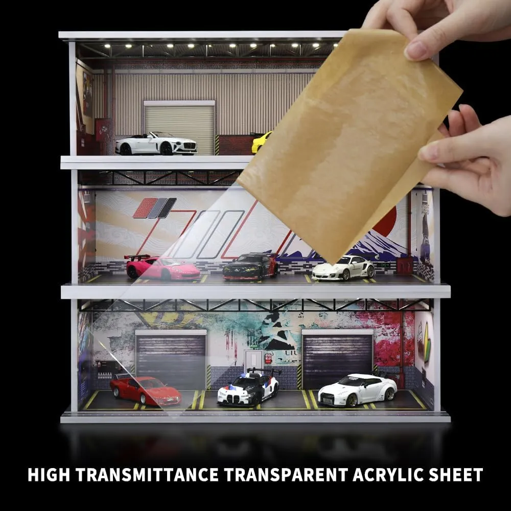 1/64 Scale Hot die-cast Wheels Model car scenarios Display case with LED Light and Acrylic Cover, Scenes Parking lot Diorama Storage Garage Box with 6 Parking Spaces (JDM)