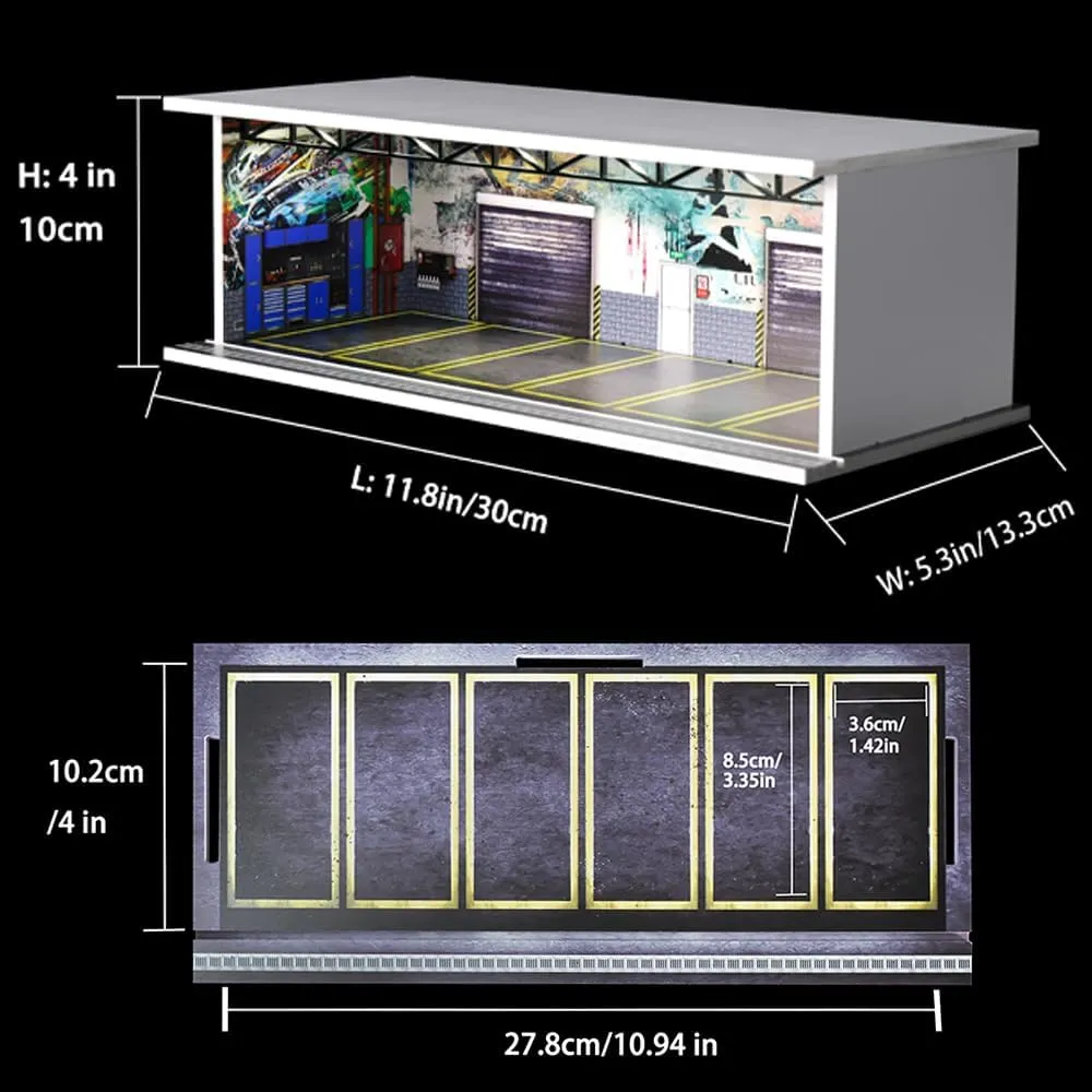 1/64 Scale Hot die-cast Wheels Model car scenarios Display case with LED Light and Acrylic Cover, Scenes Parking lot Diorama Storage Garage Box with 6 Parking Spaces (JDM)