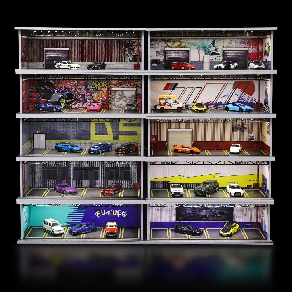 1/64 Scale Hot die-cast Wheels Model car scenarios Display case with LED Light and Acrylic Cover, Scenes Parking lot Diorama Storage Garage Box with 6 Parking Spaces (JDM)