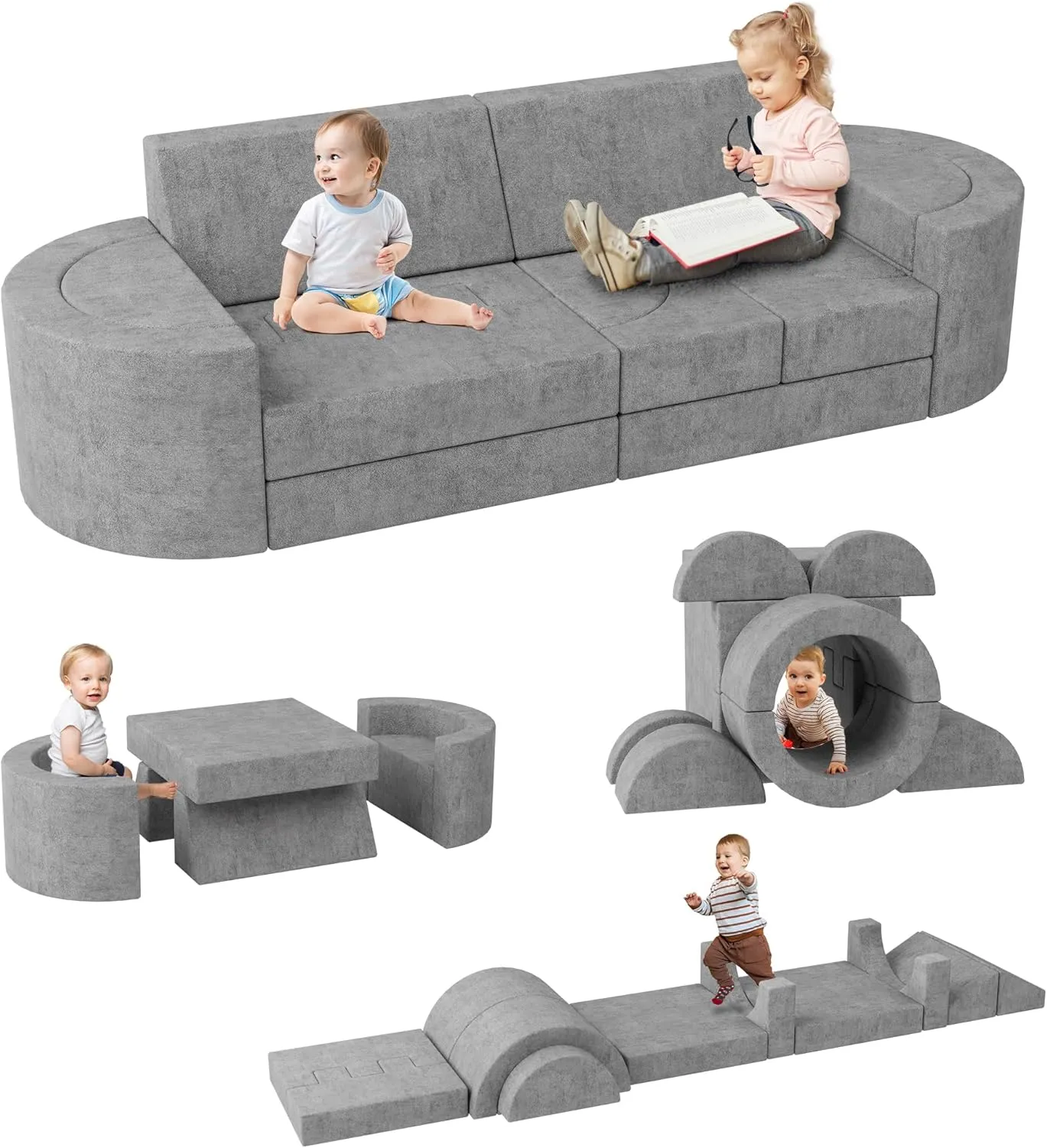 16pcs Modular Kids Play Couch, Extra Large Toddler Kids Sofa for Fun Play Time or Comfy Lounging, 1000 DIY Convertible Foam Fort Building Set for Playroom & Nursery