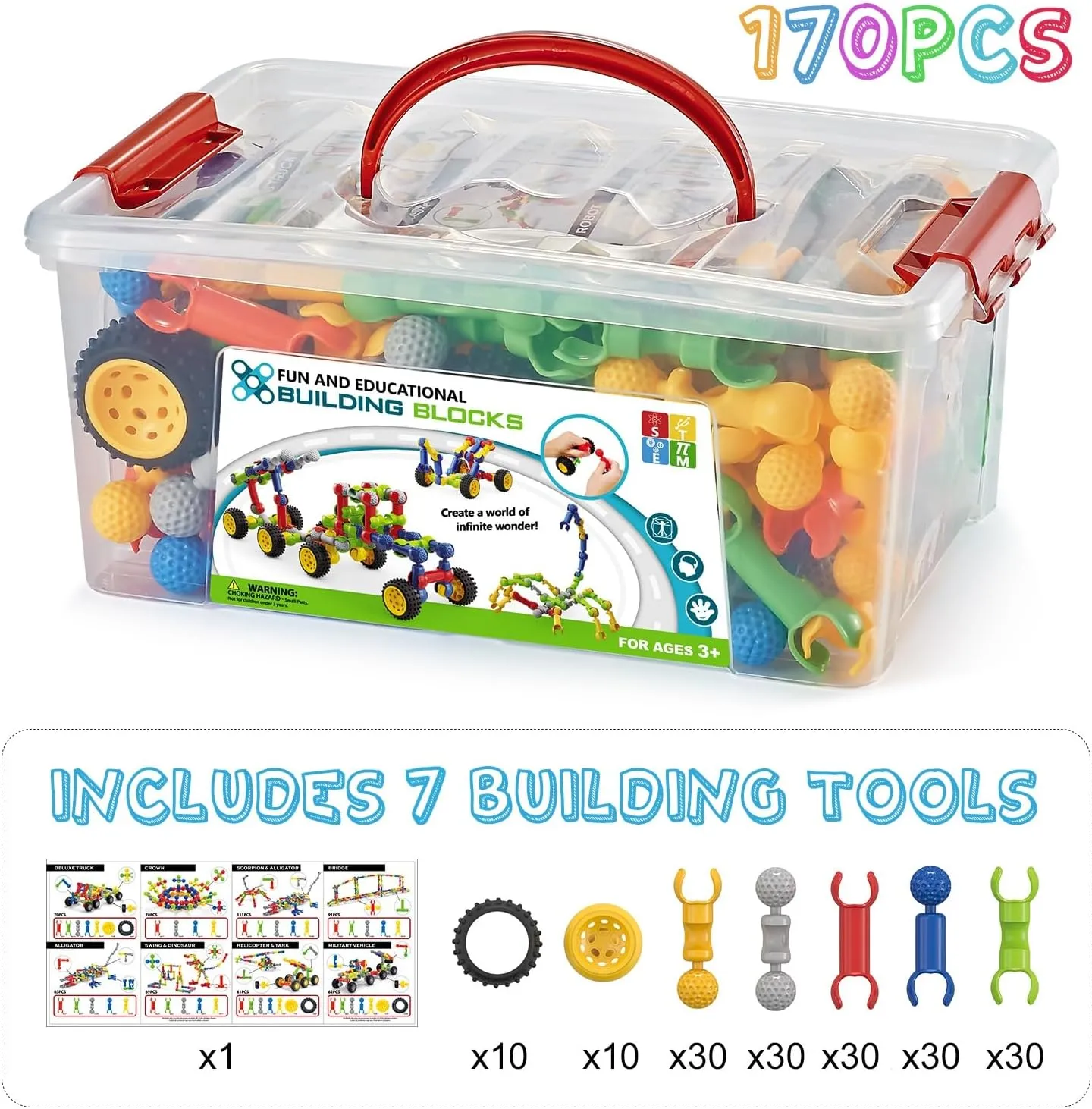 170 Pcs Building Toys for Kids Ages 4-8 with Toy Box Storage, Idea Guide, Building Blocks STEM Toys for 3 4 5 6 7 8 9 Year Old Creative Kids Activity, Christmas Birthday Gifts for Boys Girls