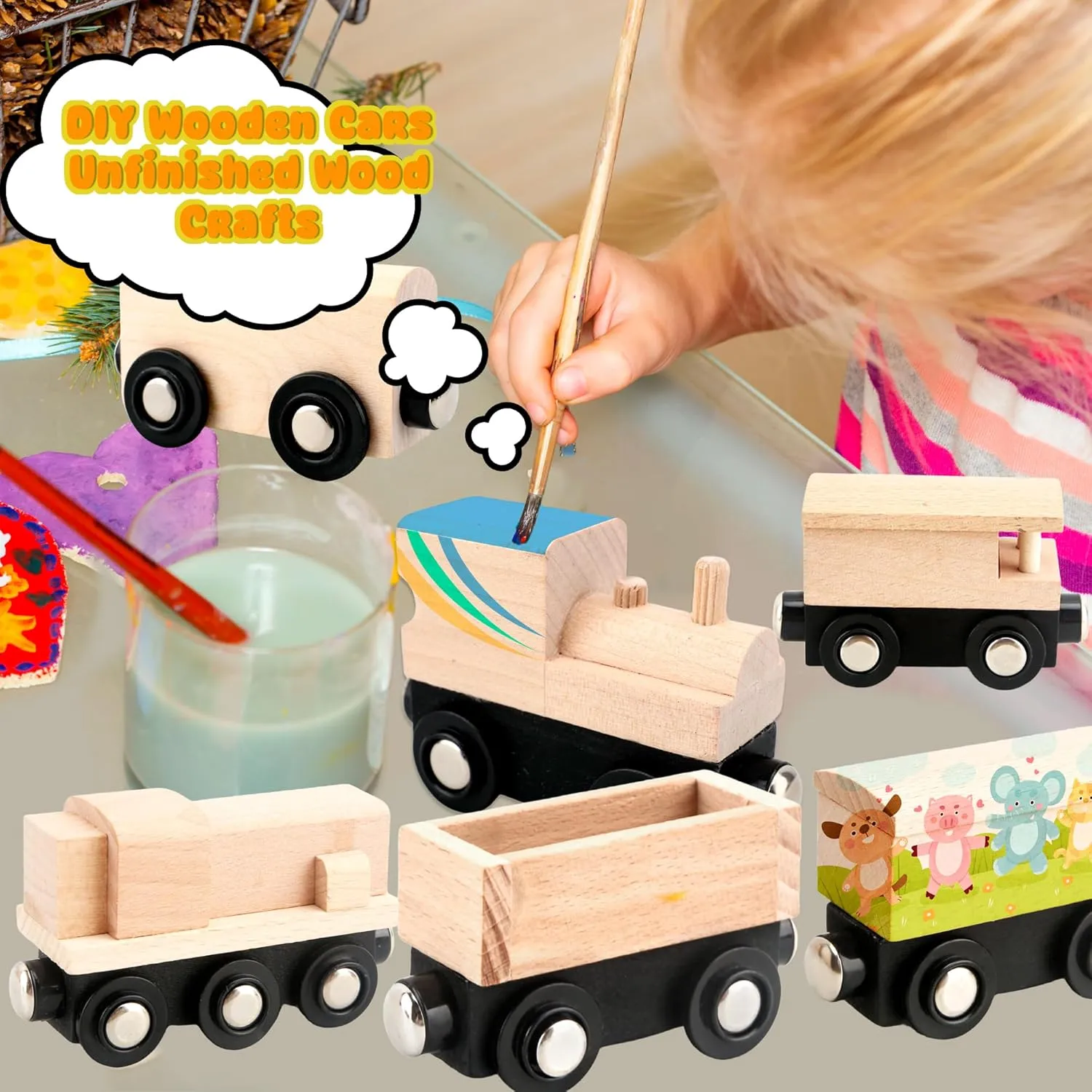18 Pack Unfinished Wooden Cars Unpainted Magnetic Wood DIY Crafts Trains Car for DIY Craft Activities Birthday Gift (Color Set 2)