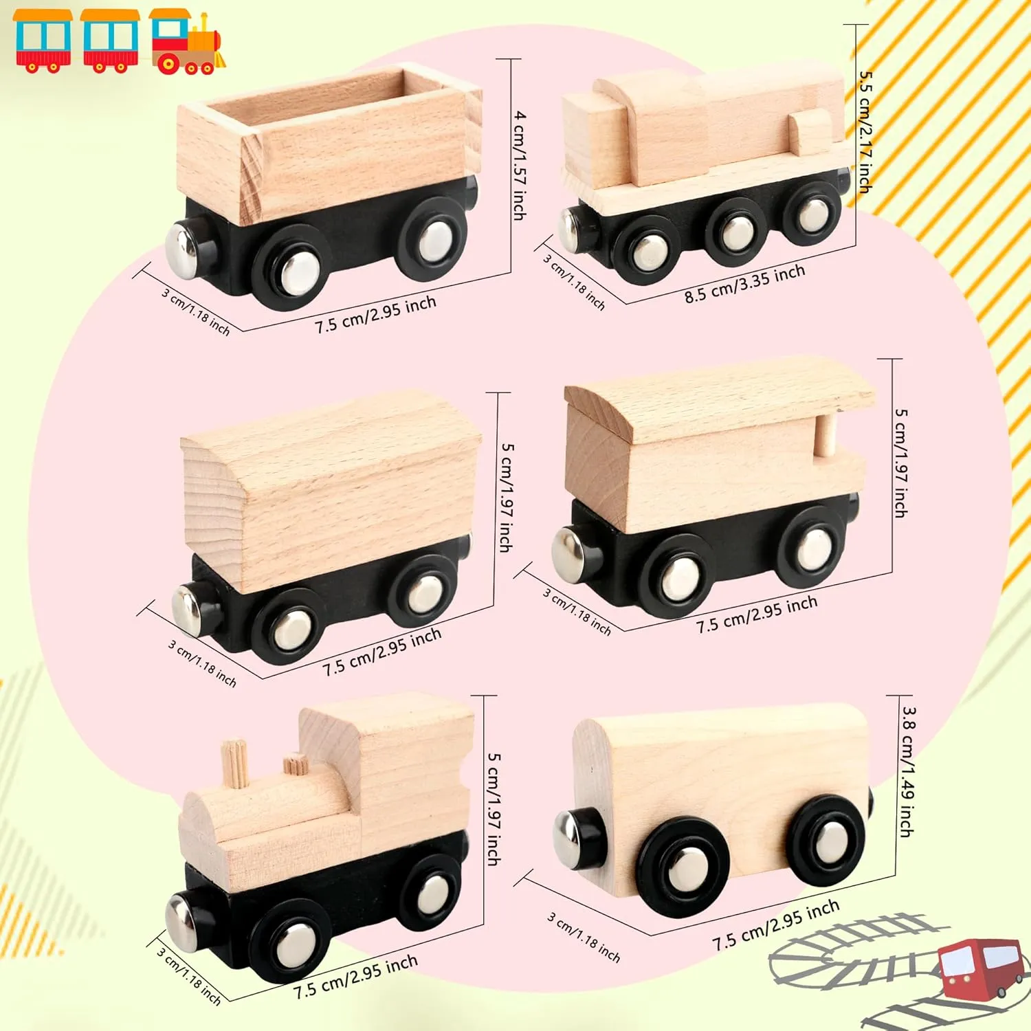 18 Pack Unfinished Wooden Cars Unpainted Magnetic Wood DIY Crafts Trains Car for DIY Craft Activities Birthday Gift (Color Set 2)