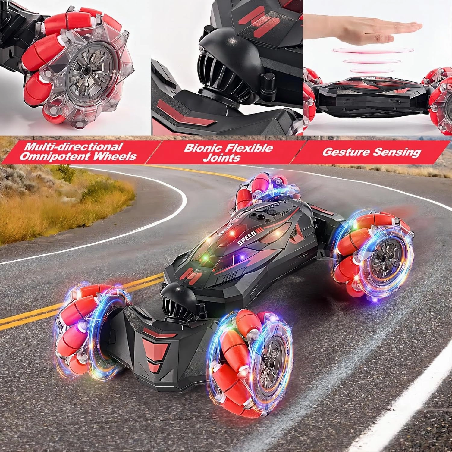 1:10 Remote Control Stunt Car 4WD 2.4 GHz Hand Gesture Sensing RC Crawler Vehicle 360° Flips with Lights Music Spray Birthday Presents Toy Cars for Kids Both Boys and Girls Aged 6-12 (Red)