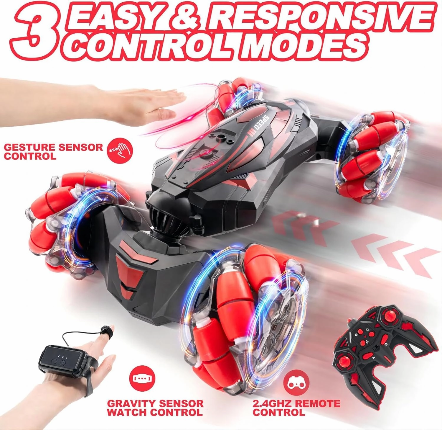 1:10 Remote Control Stunt Car 4WD 2.4 GHz Hand Gesture Sensing RC Crawler Vehicle 360° Flips with Lights Music Spray Birthday Presents Toy Cars for Kids Both Boys and Girls Aged 6-12 (Red)