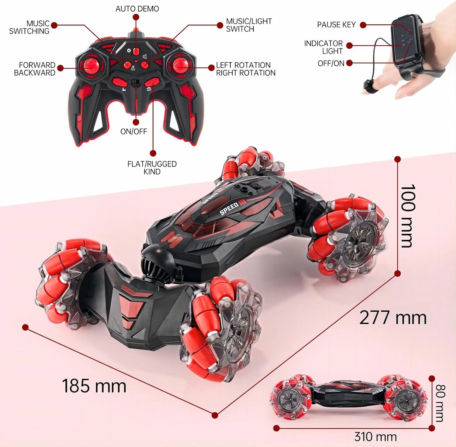 1:10 Remote Control Stunt Car 4WD 2.4 GHz Hand Gesture Sensing RC Crawler Vehicle 360° Flips with Lights Music Spray Birthday Presents Toy Cars for Kids Both Boys and Girls Aged 6-12 (Red)