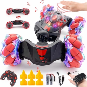 1:10 Remote Control Stunt Car 4WD 2.4 GHz Hand Gesture Sensing RC Crawler Vehicle 360° Flips with Lights Music Spray Birthday Presents Toy Cars for Kids Both Boys and Girls Aged 6-12 (Red)