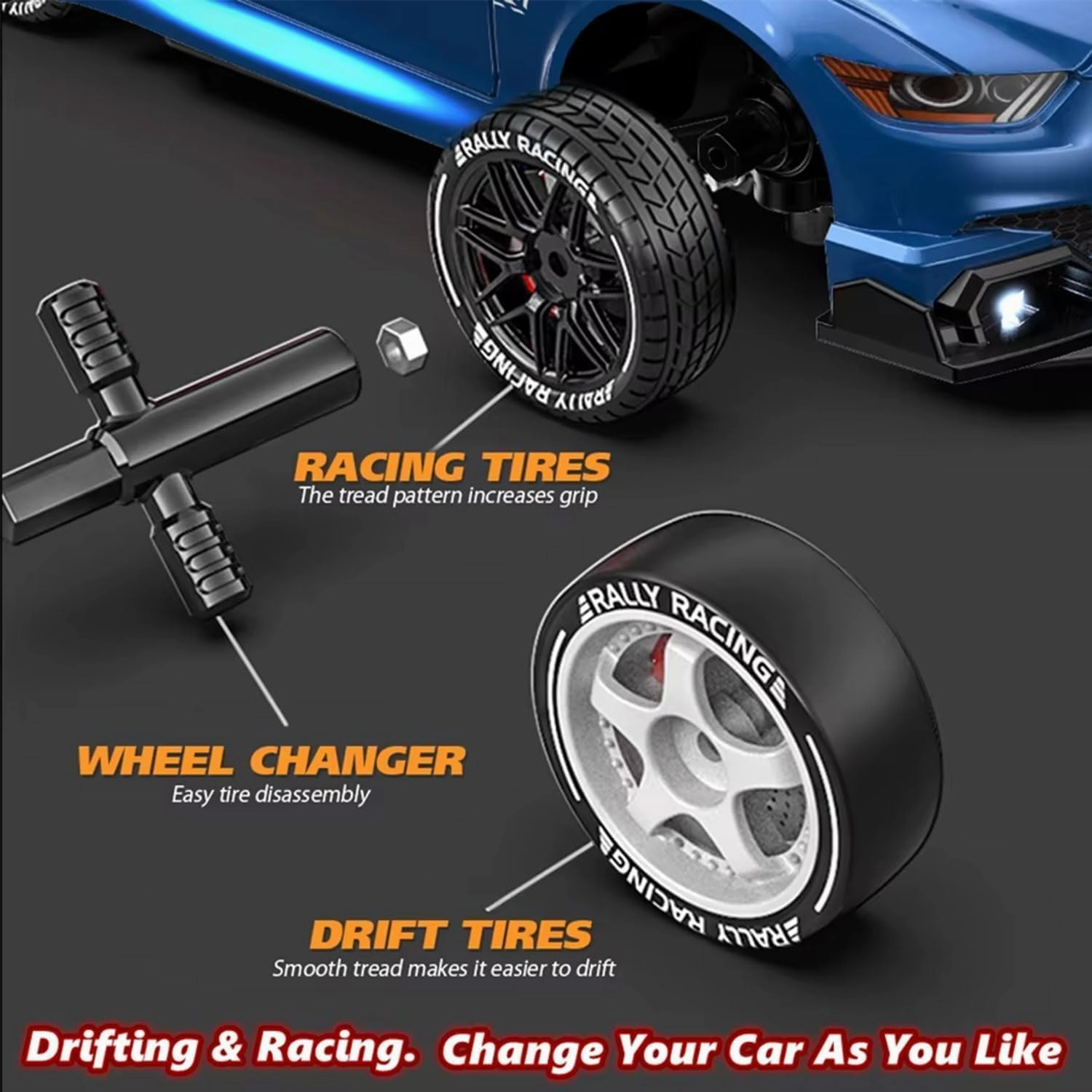 1:24 Scale RC Drift Car 4WD 2.4GHz 30KM/H High Speed Racing Sport Toy Car with LED Lights, Racing and Drift Wheels (8607-Black)